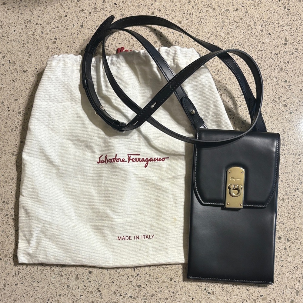 Salvatore Ferragamo Black Leather Phone Holder Crossbody